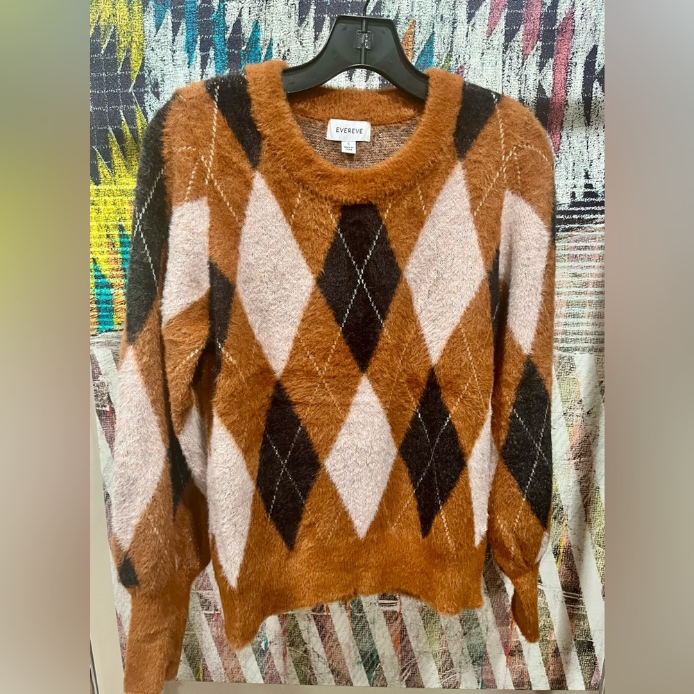 Evereve Argyle Sweater - Brown, Pink, and Black